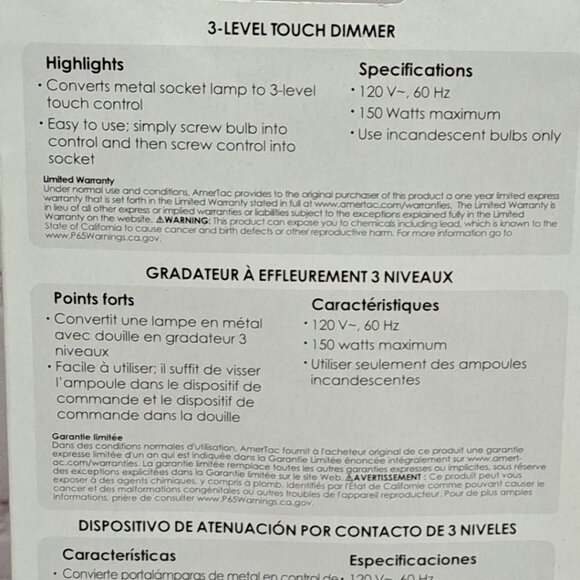 Westek 3-Level Touch 150W Indoor Universal Dimmer for Incandescent Bulbs - Picture 7 of 9